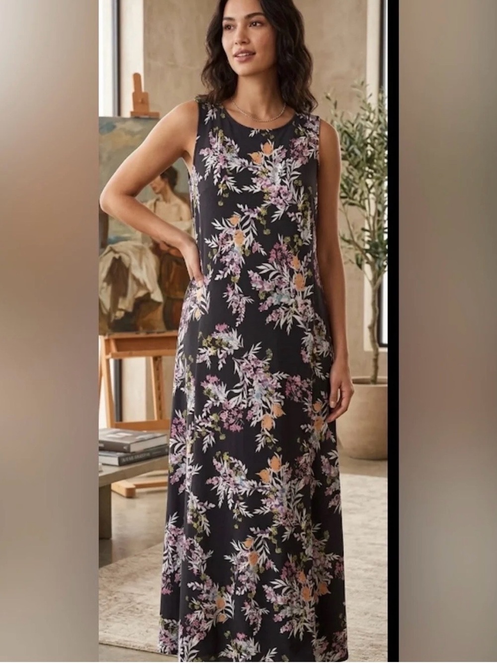 J. Jill Black Floral Maxi Dress M ✨ Boho Cottagecore Coastal Fairy